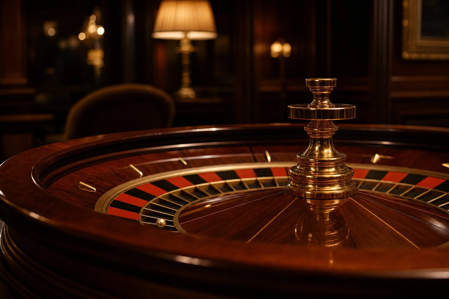 Roulette wheel detail on a polished wood table