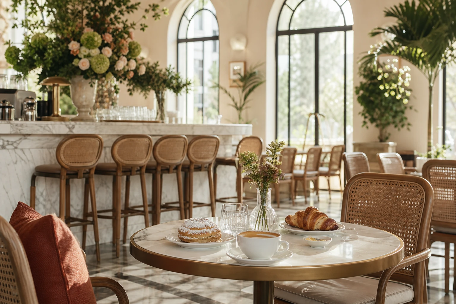 Light-filled all-day brasserie with arched windows and marble bar