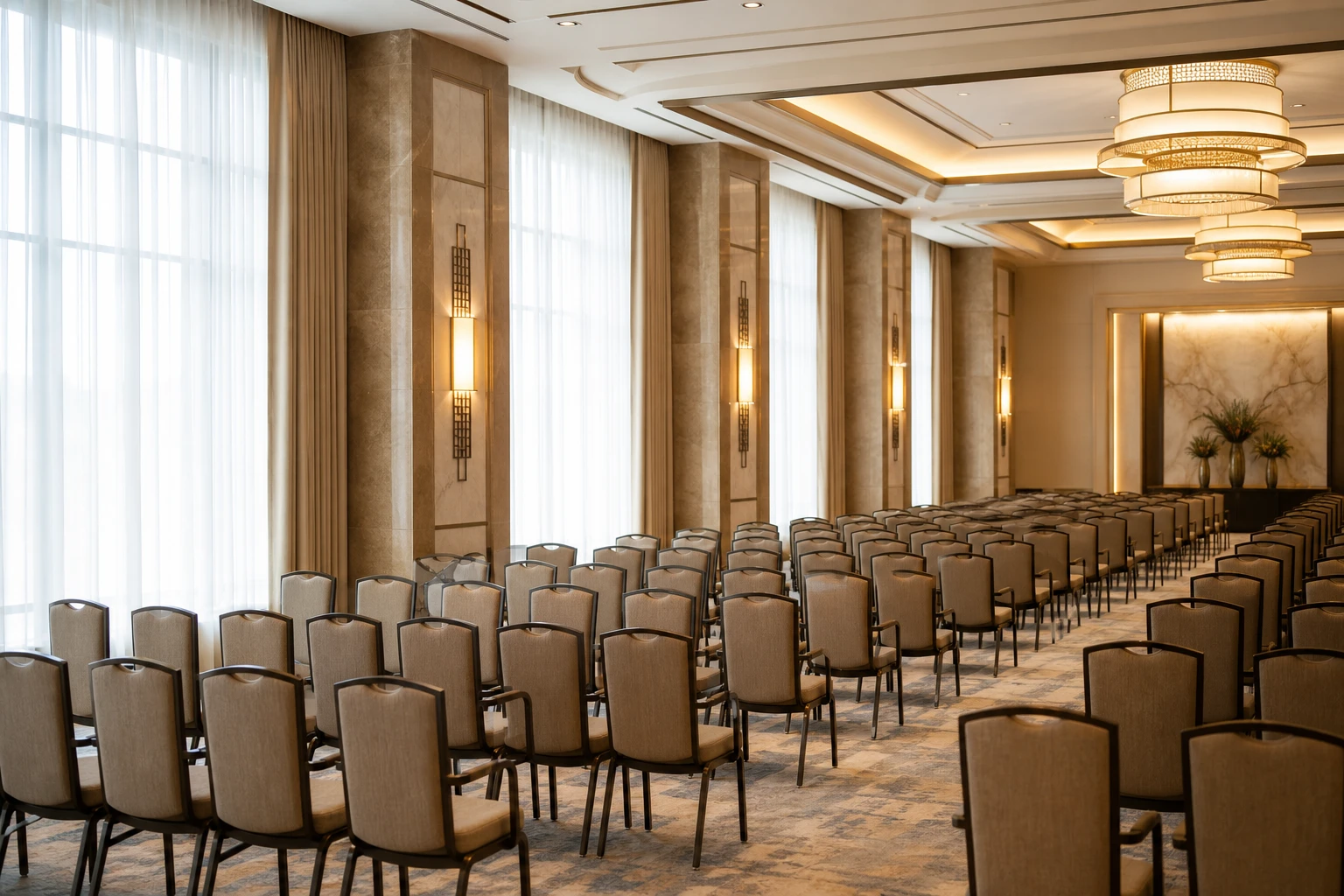 Hotel ballroom set for a conference with tall curtained windows