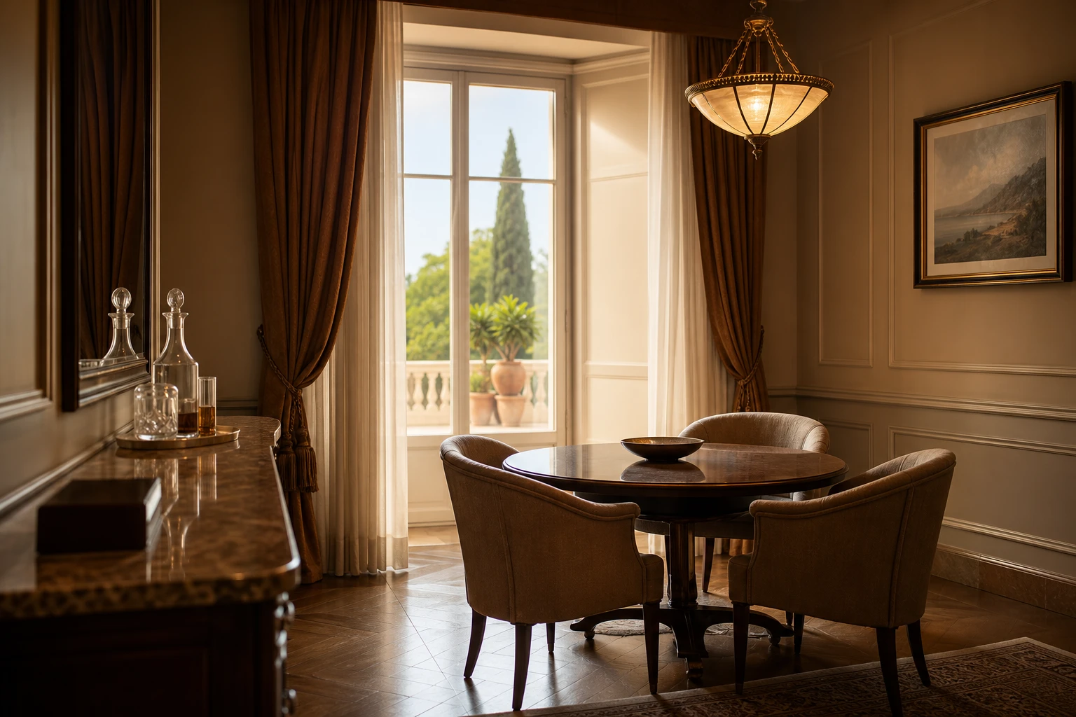 Private salon with a single round table, curtains and a low chandelier