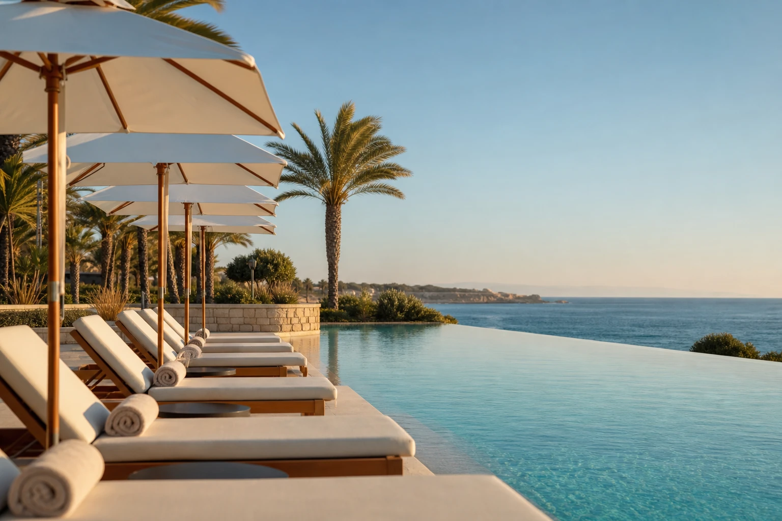 Infinity pool at the edge of the sea with sun loungers and parasols